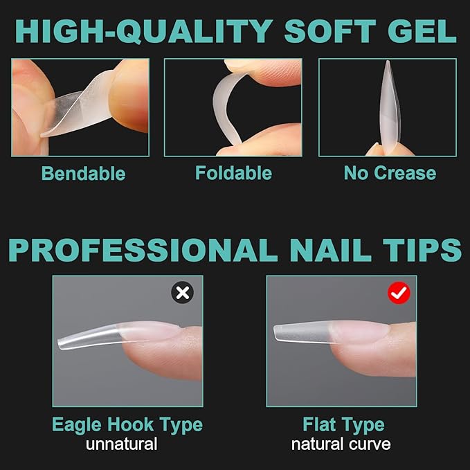 3 Shapes Soft Gel Nail Tips Almond Square Coffin Kit, Pre-buff Inner & Full Matte Surface Acrylic Etch X False Nail 12 Sizes 360Pcs, Clear Press On Nails for Extension Manicure Daily Nail Art, BlueZOO