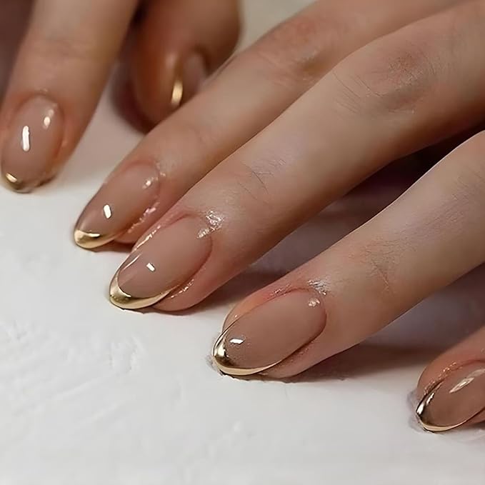 French Tip Press on Nails Short Almond MABKJLF Fake Nails False Nails with Gold Tips Designs Natural Nails Glossy Glue on Nails Full Cover Acrylic Nails for Women Girls 24 Pcs
