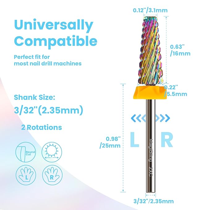 2XC 5 in 1 Nail Drill Bits, 16mm Tapered 3/32'' Professional Tungsten Carbide Bits for Efile, 2 Rotation for Electric Drill, Remove Thick Gel Acrylic Fast, Technicians Bits, Double Coarse