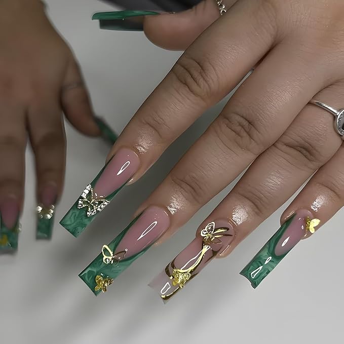 Almond Acrylic Full Cover Nails 24pcs Green Glossy False Nails with Butterfly Designs French Tip Press-On Nails