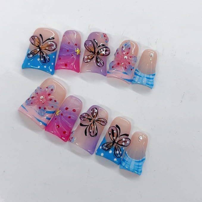 10 Pcs Handmade Press on Nails Duck Medium Fake Nails with Butterfly Flower Shaped Design Acrylic False Nails with Glue,Full Cover Gradient Glossy Glue on Nail for Women（M)