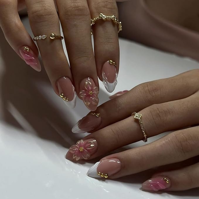 Press on Nails Medium Almond Flower Acrylic Kit Fake Nails,3D Texture Gilded Floral Gold Bead, White French False Nails, Artificial Glue on Nails Stick on Nail for Women