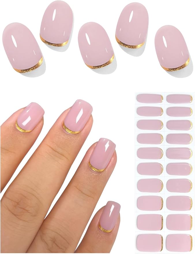 Semi Cured Gel Nail Strips (Lavender Gray), Gold Line, 20 Pcs Gel Nail Wraps, Stickers, UV Light Required, Salon Quality, Long Lasting
