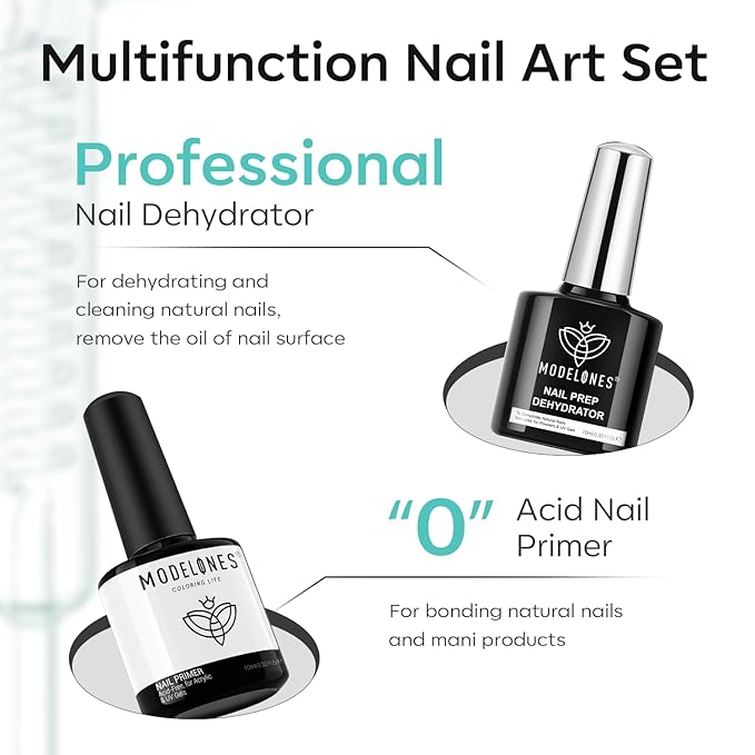 modelones Nail Dehydrator and Primer with Gel Base & Top Coat Set, Acid Free Acrylic Supplies Primer Glossy Gel Nail Polish Nail Thickening Solution Top Coat (Pack of 2)