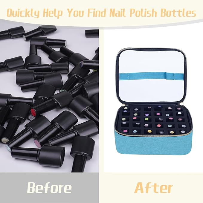 Small Clear Nail Polish Case Holds 30 bottles(15ml-0.5fl.oz) Nail Polish Organizer Multifunctional Nail Polish Bag organizer, Cosmetic Travel Makeup Cases for Women, Green