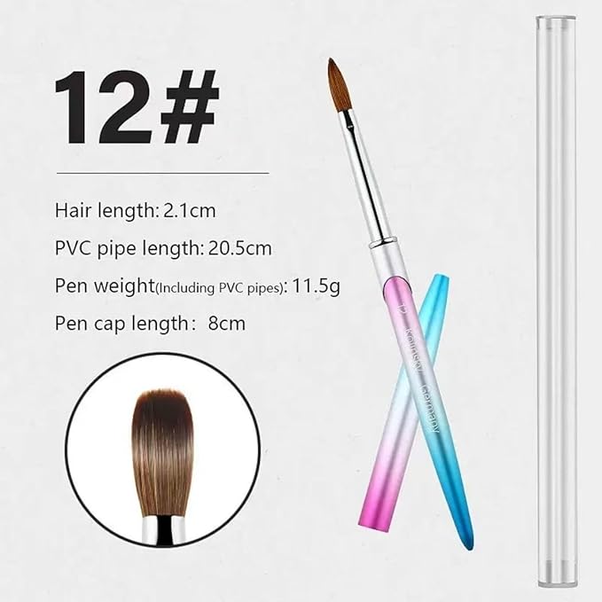 100% Pure Kolinsky Acrylic Nail Brush Size 12, Hair Acrylic Crystal Ombre Silver Blue Pink Handle with Silver Ferrule Round Shaped for Women Girls Manicure Nail Tools Accessories
