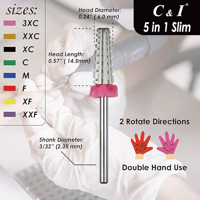 C & I 5 in 1 Nail Drill Bit, Slim Edition, Professional Manicure Drills for Electric Nail Drill Machine (Double Fine -XXF)