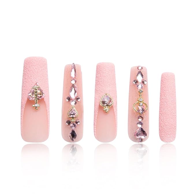 LOVFUL Press on Nails Dreamland Escape Pink | Handmade with Full Covered Crystals | Reusable Fake Nails | Square Mid length 1.7in | H229-M