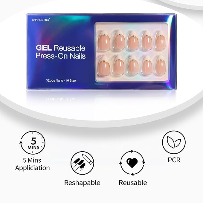 White French Tip Press on Nails with Gold Line Design - Soft Gel Almond Press on Nails Short for Women, Glossy Glue on Nails with Glue in 16 Sizes - 32 Reusable Fake Nails, Gold Ribbon