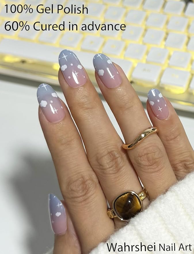Semi Cured Gel Nail Strips, 20pcs Clound Gel Nail Stickers UV for Home Nails DIY