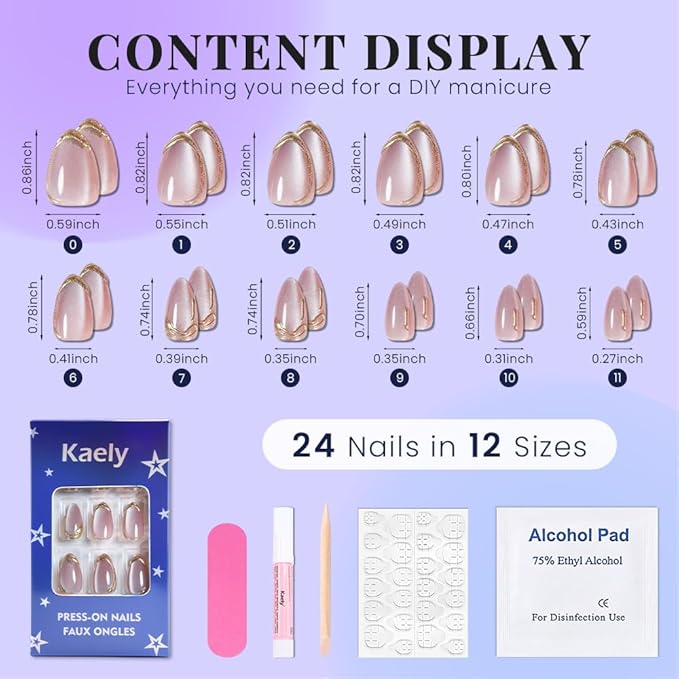 evpct Pink Cat Eye Press on Nails Short Almond with Gold Liner Design, Gold French Tip Stick on Nail for Women Gift with Kit, Reusable Full Cover Soft Gel Press on Fake Nail with Cat Eye Design