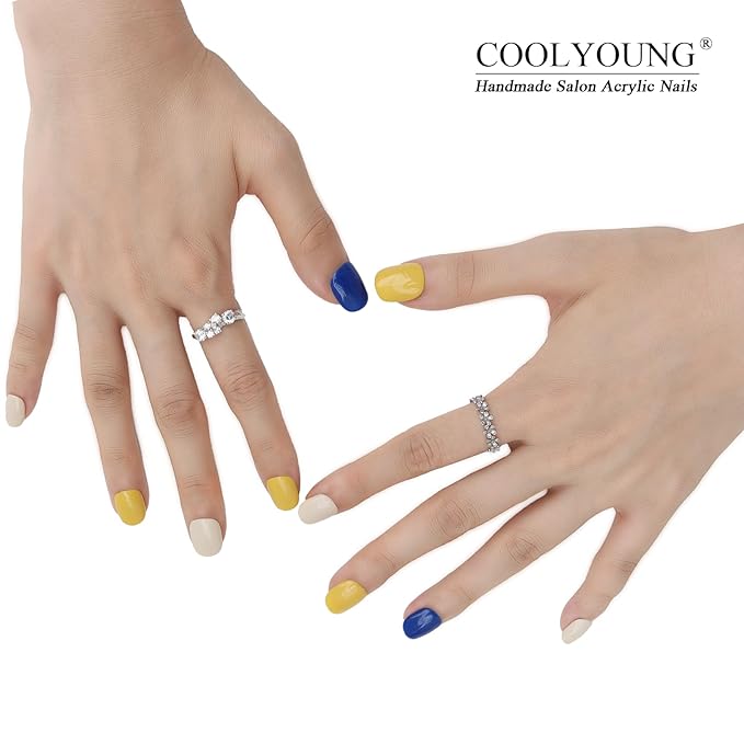 COOLYOUNG Press On Nails Short Square, Mixed Color - Blue, Yellow, Beige, Acrylic Fake Nails for Women, 25 PCS Handmade Nails