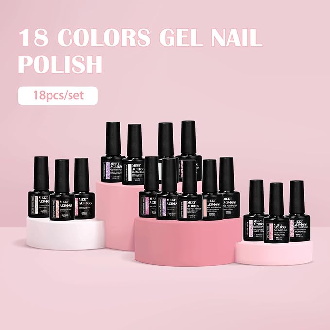 MEET ACROSS Gel Nail Polish Set White Pink Rubber Base Gel Polish + Glitter Gel Nail Polish Pink Purple Sparkly Sequins Nail Polish Manicure Kit 18 Colors