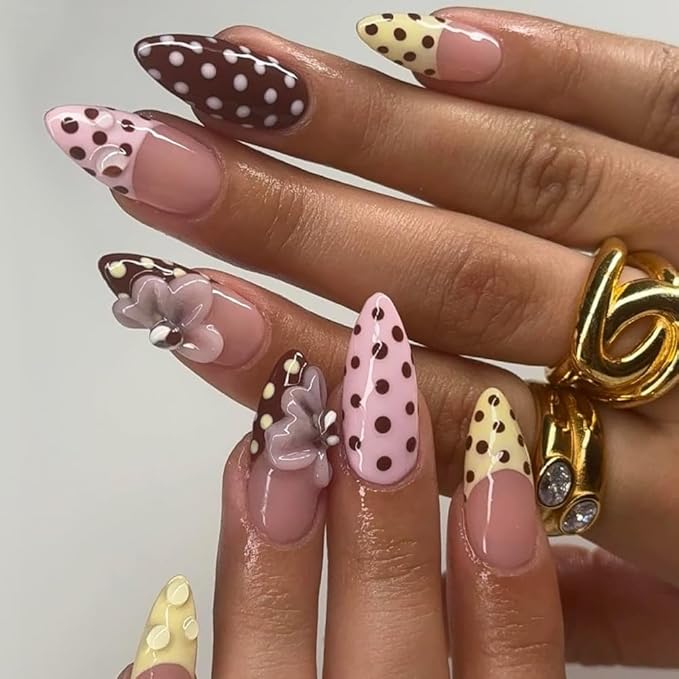 Polka Dot Press on Nails Flower Fake Nails Medium Almond False Nails Press ons Brown Pink Glue on Nails Acrylic Artificial Cute Stick on Nail for Women Nail Manicure 24Pcs