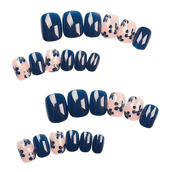 Blue Flower Fake Nails Short Press on Nails Square False Nails Blue Nails Press Ons Glossy Full Cover Glue on Nail DIY Acrylic Stick on Nail for Women and Girls Decorations Set 24Pcs