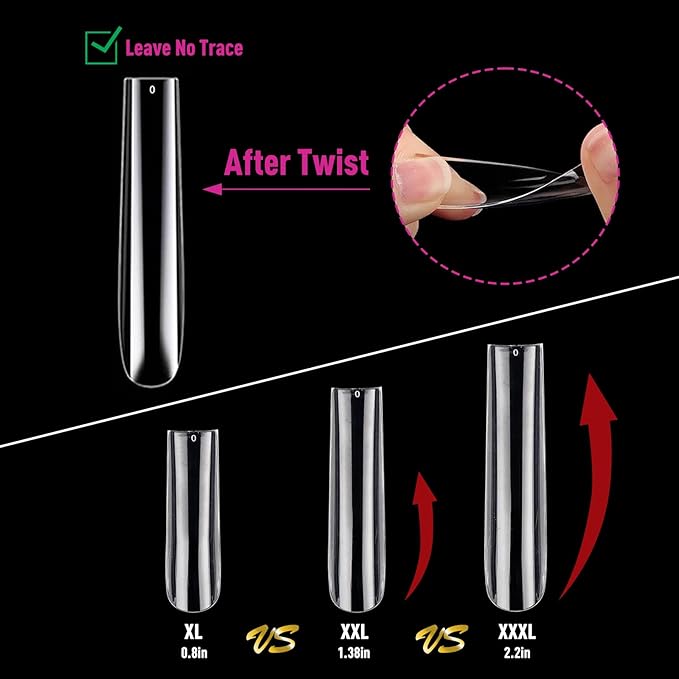 480PCS 3XL Long Clear Nail Tips - 2 Styles Soft Gel False Nails Extension Tips for Acrylic Nails Professional, Full Cover Square and Stiletto Press on Nails 12 Sizes, Nail Art Salon Home DIY Gift
