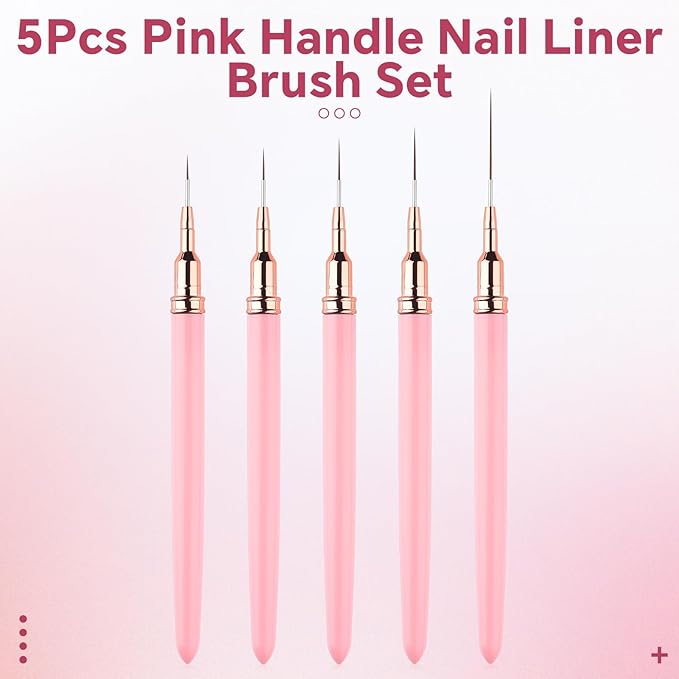 Nail Art Liner Brushes with Nail Brush Holder 5Pcs Striping Brushes Gel Polish Painting Art Design Pen Set for Fine Drawing (Pink)