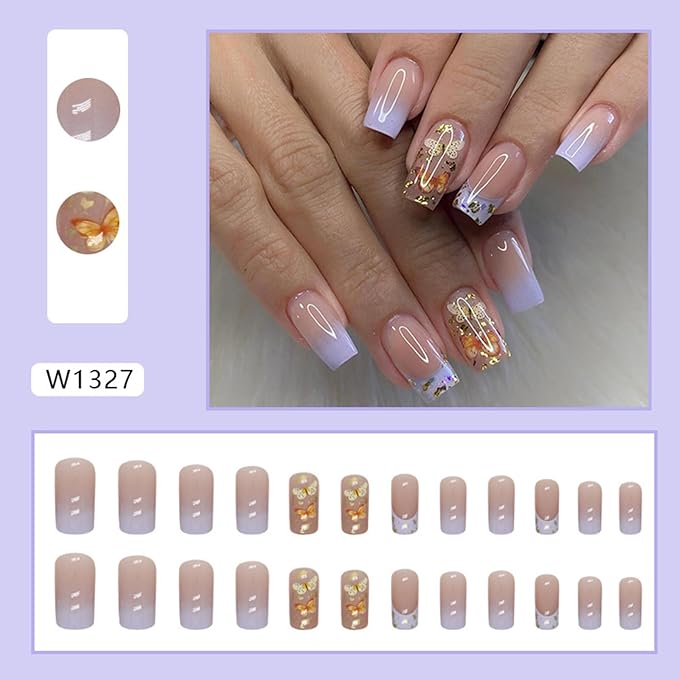 Butterfly Press on Nails Medium Square Fake Nails Purple French Tip False Nails with Designs Gold Foil Gradient Acrylic Glossy Glue on Nail Cute Artificial Stick on Nail for Women Manicure 24Pcs