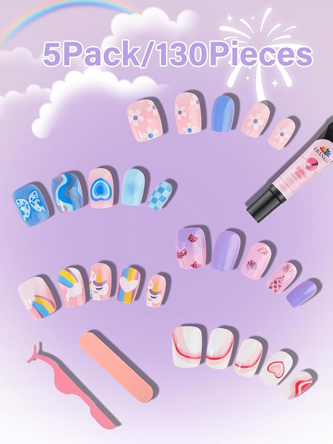 130 Pieces Press on Nails for Kids, EBANKU 5 Pack Kid Fake Nail Kit Old Cute Flower Mermaid Butterfly Heart Press on Nails for Girls 8-12 Years with Jelly Nail Adhesives & Nail Builder Glue
