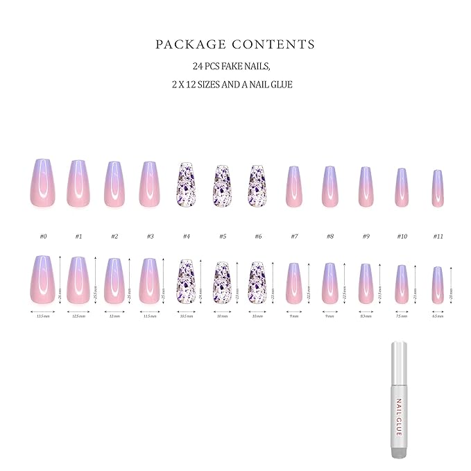 Hypnaughty Rio 24pcs Long Coffin Press-on Nails, Pink to Purple Ombre with Transparent Gold Design, ABS Material, Full Set with Glue