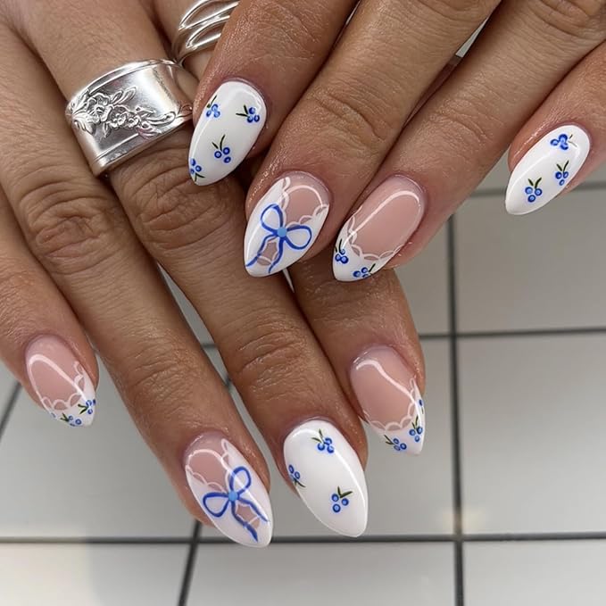 Summer French Tip Press on Nails Short Almond Fake Nails Cute White Nails Press ons with Blue Berries,Bow,Lace Design Full Cover Stick on Nails for Women Manicure,Reusable | Easy Apply | 24Pcs