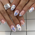 Summer French Tip Press on Nails Short Almond Fake Nails Cute White Nails Press ons with Blue Berries,Bow,Lace Design Full Cover Stick on Nails for Women Manicure,Reusable | Easy Apply | 24Pcs
