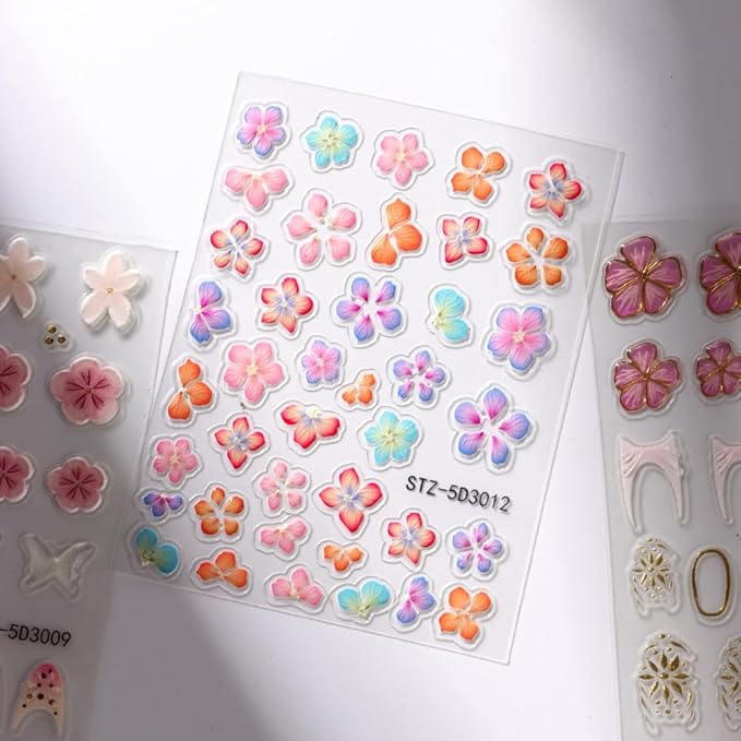 Stickers para Uñas Nail Stickers Self-Adhesive Sticker Gold Pink 3D Flower Embossed Calcomanías para Uñas Colorful Floral Art Design Accessories Hight Quality 3 Sheets