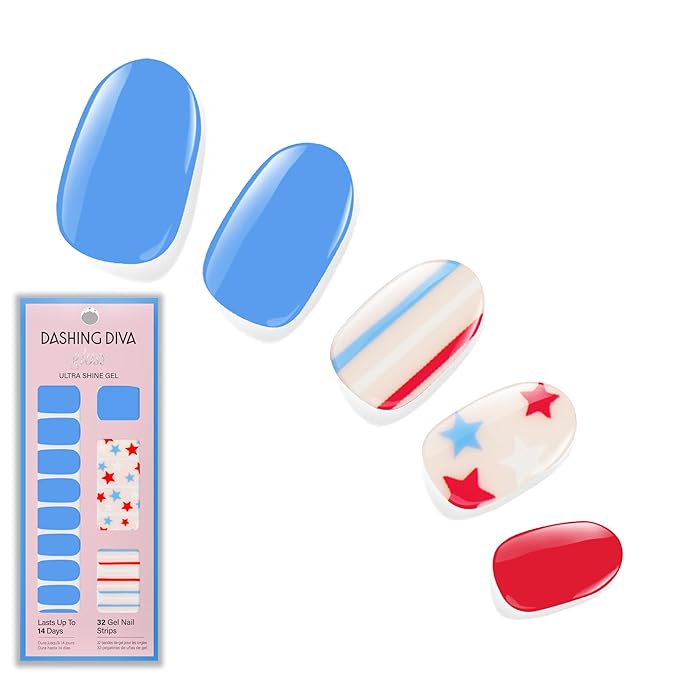 Dashing Diva Patriotic Gloss Nail Strips - Blue Jean Baby - UV Free, Chip Resistant, Long Lasting Gel Nail Stickers - 3-Piece Manicure Set - Contains 32 Wraps, 1 Prep Pad, 1 File