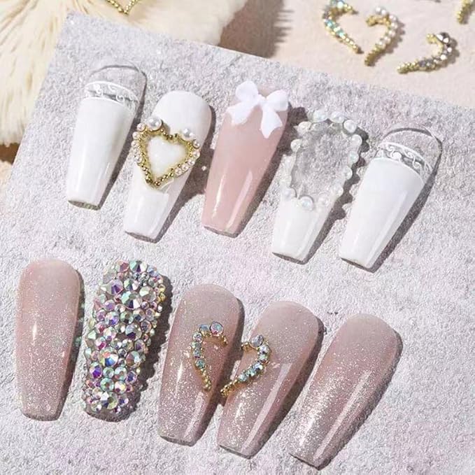 30 Pcs Heart Nail Art Charms,Gold Half Heart Shaped Nail Charms 3D with Rhinestones & Pearls,Symmetrical Heart Nail Jewelry White Gold