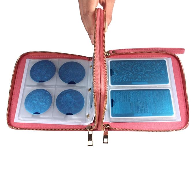 Finger Angel Nail Art Stamping Plate Organizer - Double Zipper Cases with 192 Slots - Pink Color Nail Template Collection
