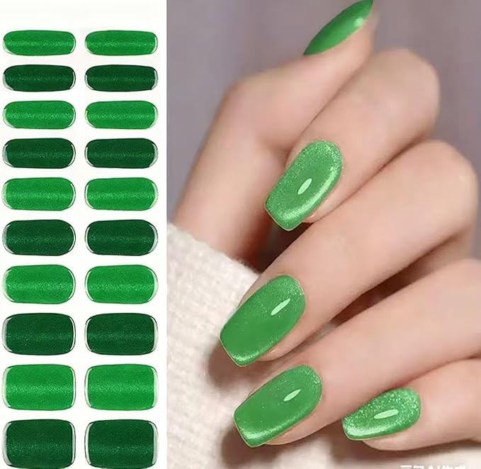 Semi Cured Gel Nail Strips 20 Pcs Green Glitter Gel Nail Wraps,Stickers, UV Light Required Nail Art Design Decoration Accessories