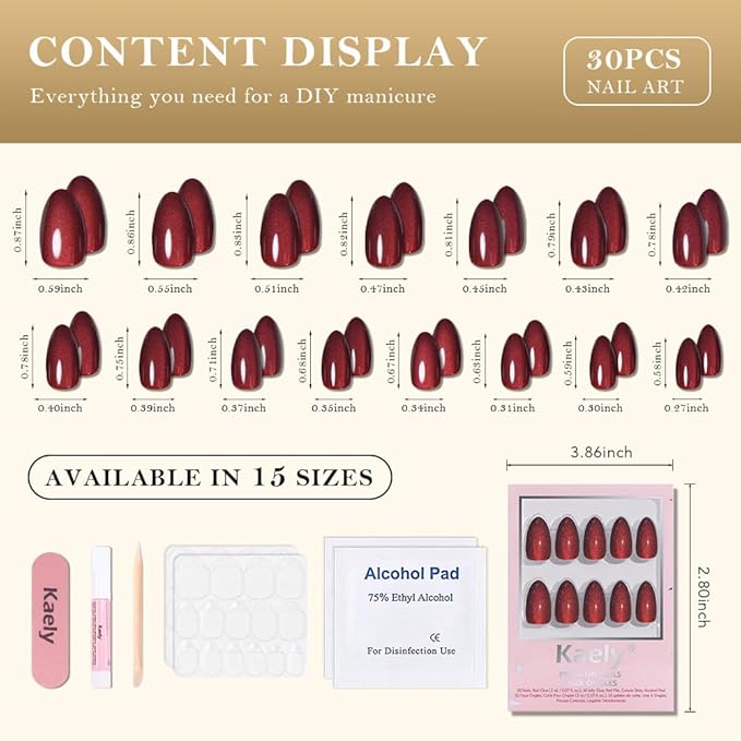 evpct Dark Red Press on Nails Almond Short, Dark Cherry Red Cat Eye Glitter Press on Nails for Women Gift, Soft Gel Press Stick on Nail with Nail Kit, Full Cover, 30Pcs Reusable Acrylic Fake Nails Kit
