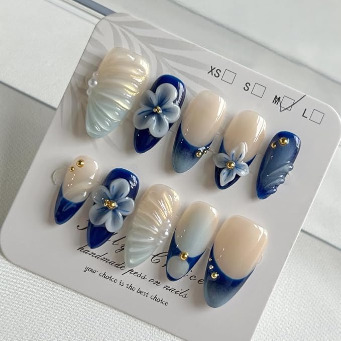 Press On Nails - Luxury Medium Almond 3D False Nails Women Reusable ABS Material Finger Printed Nail Tip French Salon Design Artificial Fingernail (Size M)