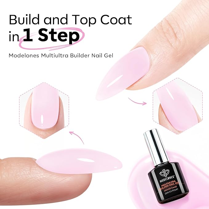 modelones Builder Nail Gel, Baby Pink Builder for Nails No Top Coat Needed, C-Curve Sculpting, Glossy Jelly Finish Light Pastel Pink, No-Wipe, 9-in-One LED Lamp Cured Color Rubber Base Gel Polish