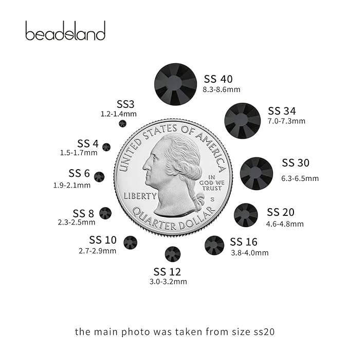 Beadsland 288pcs Flat Back Crystal Rhinestones Round Gems for Nail Art and Craft Glue Fix, Jet Hematite, SS34,7.1-7.3mm