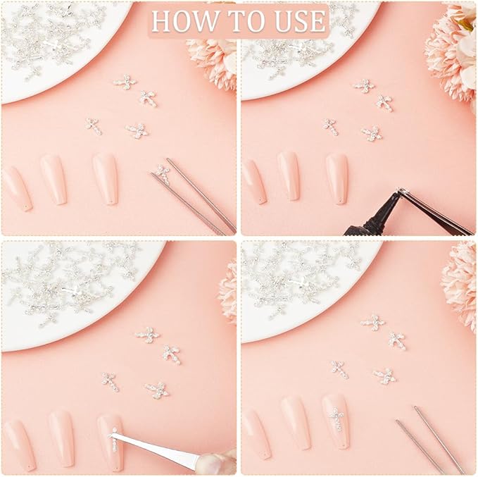 CRASPIRE 60Pcs Cross Nail Charms 3D 3 Style Y2K Metal Alloy Rhinestone Pearl Flat Gems Set Gothic Vintage Punk Studs Decor for Women Nail Art DIY Jewelry Charms Christmas Decoration Crafts Accessories