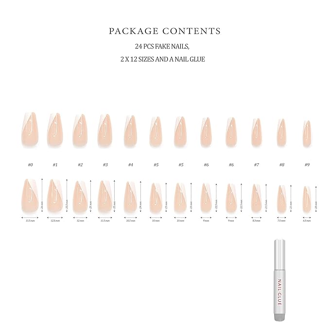 Hypnaughty 24 Pcs Paris Classy French Coffin Press On Nails with Design and Glue Medium Long Fake Nails Nude Pink and White Asymmetrical French Tip Glue On Nails Full Cover (Paris)