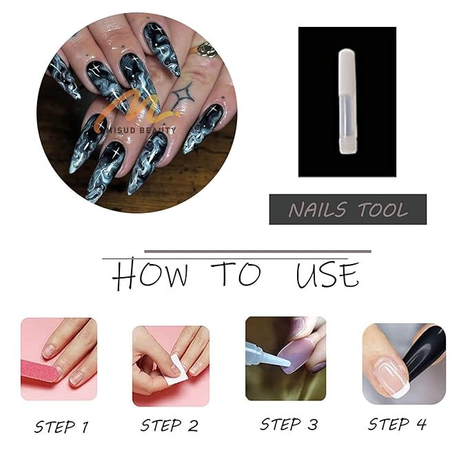 MISUD Press on Nails - Long Stiletto Fake Nails with Black, Acrylic Bling Silver Glitter Design 24 pcs