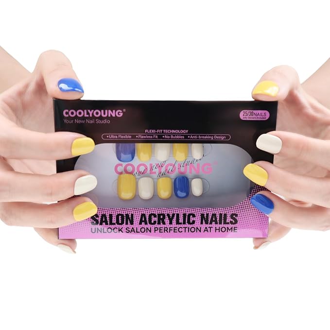 COOLYOUNG Press On Nails Short Square, Mixed Color - Blue, Yellow, Beige, Acrylic Fake Nails for Women, 25 PCS Handmade Nails