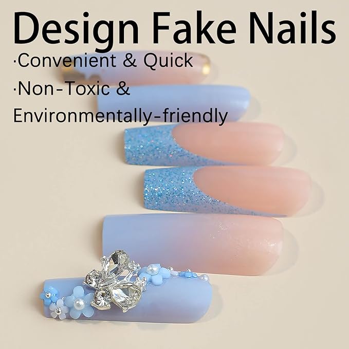 RTKHFZE Long Press on Nails Square French Tip Fake Nails Blue Glitter False Nails with Butterfly and Flower Charm Designs Artificial Nails Full Cover Acrylic Stick on Nail for Women Manicure