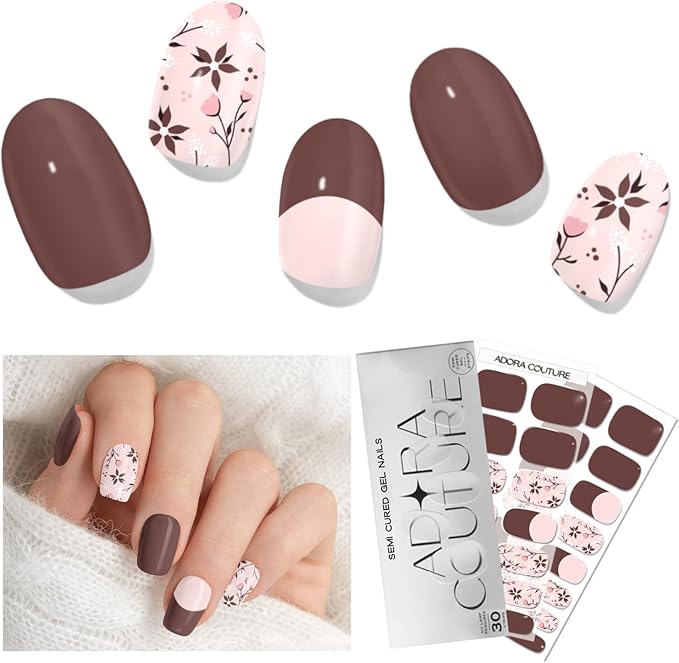 Semi Cured Gel Nail Strips with 30 Pieces - Salon Quality Manicure Kit for Women Easy Application Wraps Includes Prep Pads Nail File Wooden Stick, UV Light Required - Mocha Fleur