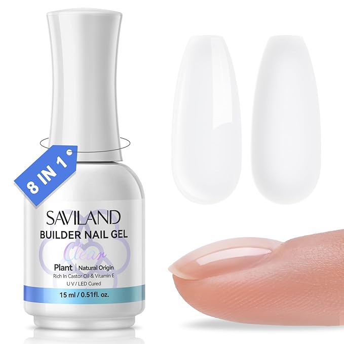 SAVILAND Clear Builder Nail Gel: 8 in 1 Gel Builder for Nails with Vitamin E & Castor Oil, Plant-Based Nail Strengthener Thickening Extension Gels in a Bottle Fix Curved Nails Home Nail Art DIY