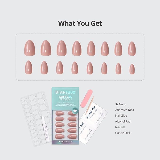 BTArtbox Press On Nails Almond - Flesh Pink Nude Short Fall Press On Nails with Glue for Women, Opaque Soft Gel Glue On Nails in 16 Sizes - 32 Stick On Nails Kit, Fawn Fleek