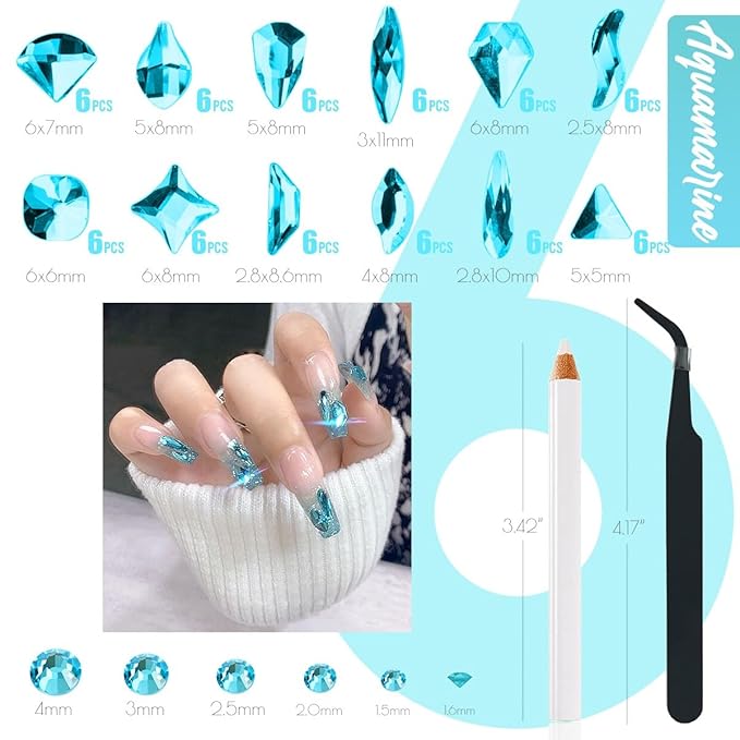 2052Pcs Aquamarine Nail Rhinestones Water Blue Stones for Nails 72 Multi Shapes Big Gems +1980 Flatback Round Beads K9 Glass Lakeblue Crystals Diamonds Jewels Nail Charms Art for Face Makeup