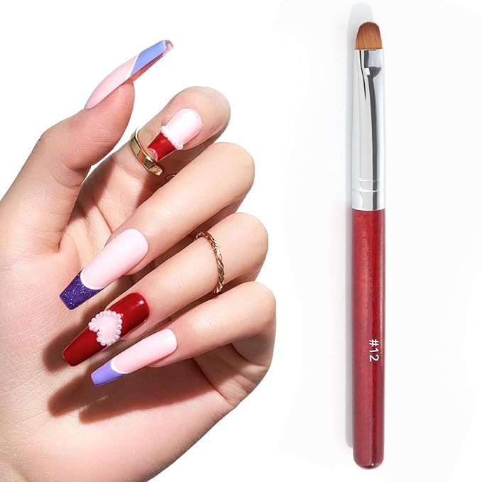 French Manicure Clean-Up Brush, French Gel Acrylic Nail Art Kolinsky Brush for Professional Manicure Cuticle Clean Up Nail Art Design, Red Wood Handle (12#)