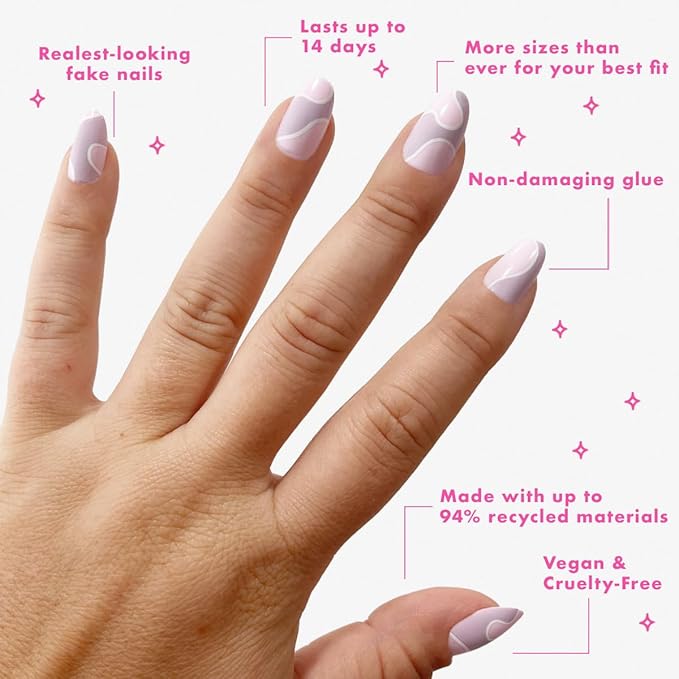 Olive & June Instant Mani Press-On Nails (Glue) | 42 Fake Nails, 21 Sizes | Non-Toxic, Long-Lasting Recycled Materials Realistic Look | Spring Flowers & Patterns | Short, Round | Groovy Swirl