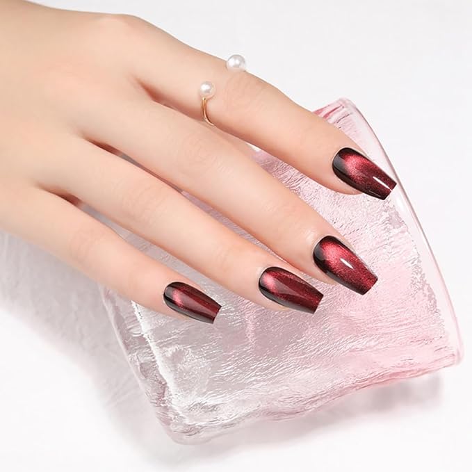 Medium Coffin Press on Nails, Wine Red Cat Eye Press on Nails, Fashion Gel Fake Nails, Reusable Acrylic Fake Nails, Glossy Stick on Nails for Women Gift, Glue on Nails Kit 24 Pcs, Midnight Blaze
