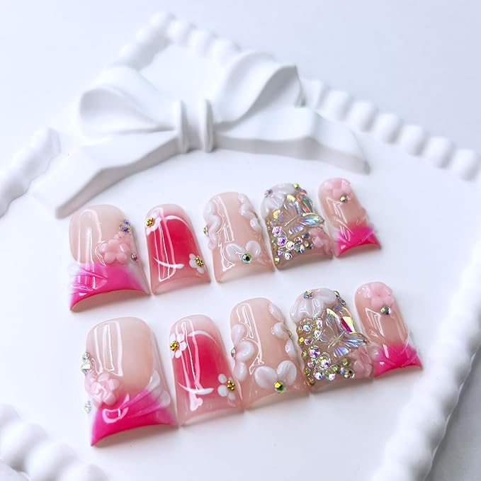 10 Pcs Handmade Press on Nails Medium Duck Fake Nails with Glue,Butterfly Rhinestone Rose Pink False Nails with 3D Flower Designs Thick Acrylic Reusable Stick on Nails for Women Girls（Size M）
