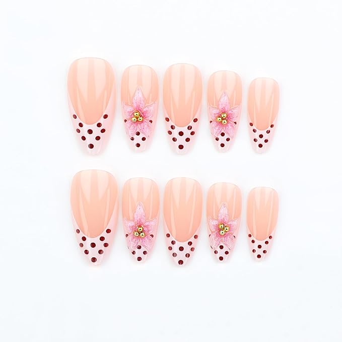 Pink Flower Press on Nails Medium Almond Fake Nails, Press ons with Polka Dots French Tips Designs, 3D Flower Nails Glossy Acrylic Reusable Full Cover Glue on Nails for Women Manicure