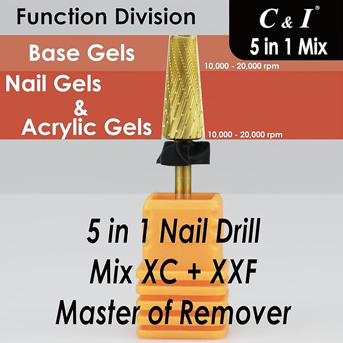 C & I 5 in 1 Nail Drill Bit, Mixed Sizes Edition, Cross Teeth, 2 Way, Professional Multi-function Nail Drills for Electric Manicure Drill Machine, Shank 3/32” (Mix, XC & XXF)